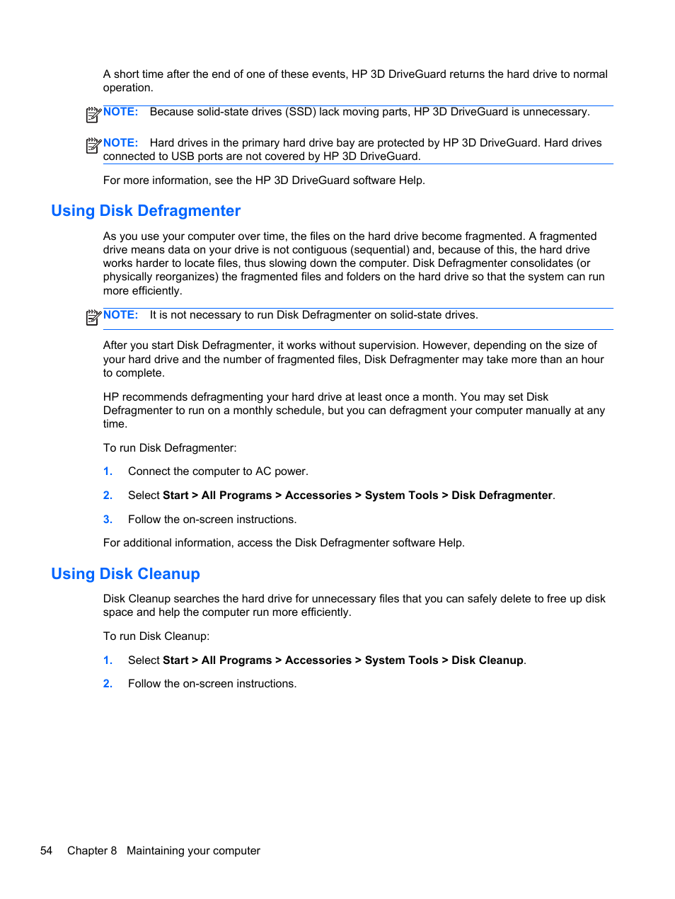 Using disk defragmenter, Using disk cleanup, Using disk defragmenter using disk cleanup | HP Pavilion g4-2149se Notebook PC User Manual | Page 64 / 100