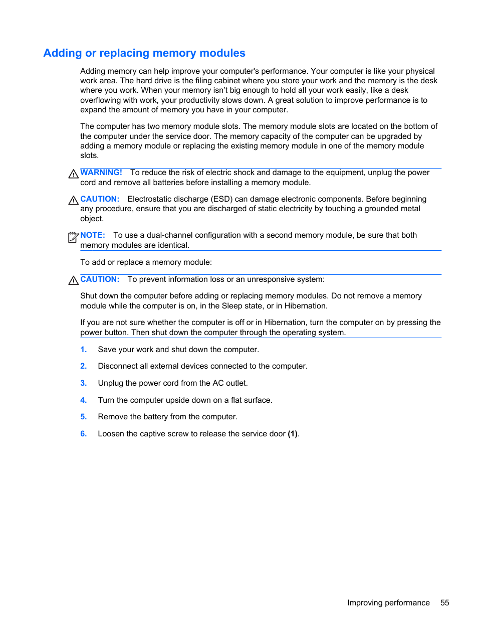 Adding or replacing memory modules | HP Pavilion g4-2149se Notebook PC User Manual | Page 65 / 100