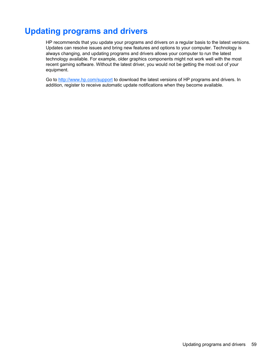 Updating programs and drivers | HP Pavilion g4-2149se Notebook PC User Manual | Page 69 / 100