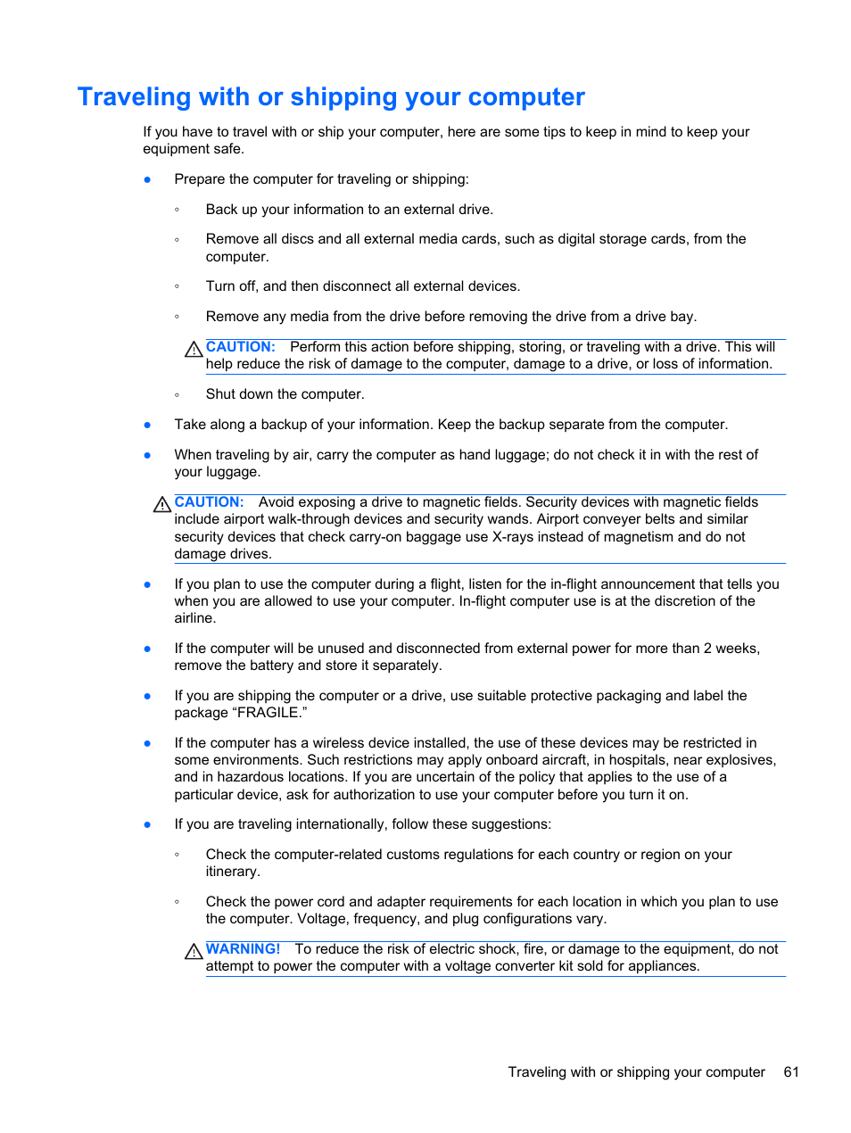 Traveling with or shipping your computer | HP Pavilion g4-2149se Notebook PC User Manual | Page 71 / 100