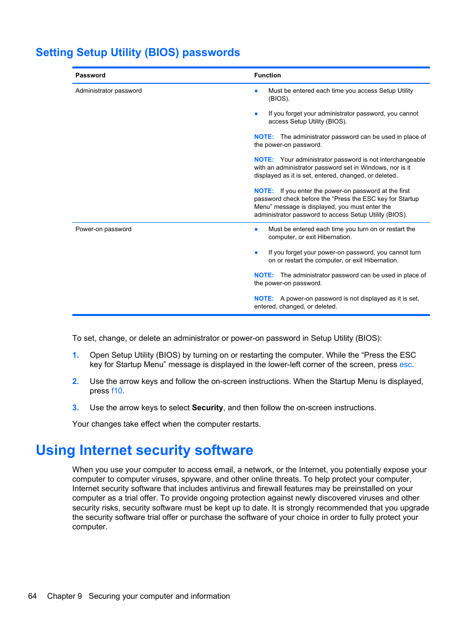 Setting setup utility (bios) passwords, Using internet security software | HP Pavilion g4-2149se Notebook PC User Manual | Page 74 / 100