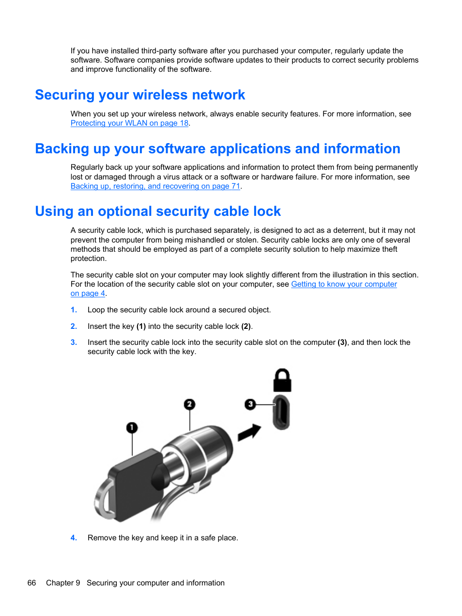 Securing your wireless network, Using an optional security cable lock | HP Pavilion g4-2149se Notebook PC User Manual | Page 76 / 100