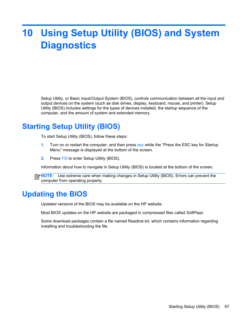 Using setup utility (bios) and system diagnostics, Starting setup utility (bios), Updating the bios | Starting setup utility (bios) updating the bios | HP Pavilion g4-2149se Notebook PC User Manual | Page 77 / 100