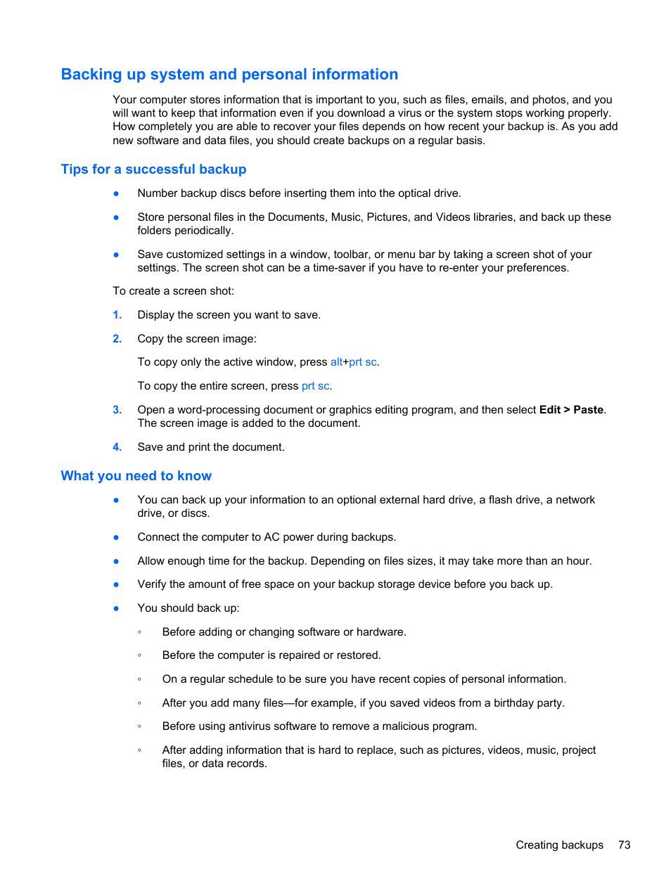 Backing up system and personal information, Tips for a successful backup, What you need to know | Tips for a successful backup what you need to know | HP Pavilion g4-2149se Notebook PC User Manual | Page 83 / 100