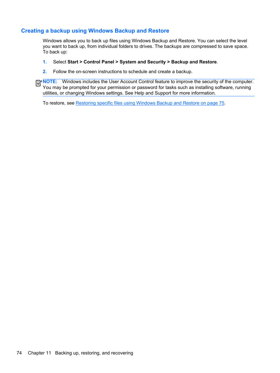 Creating a backup using windows backup and restore | HP Pavilion g4-2149se Notebook PC User Manual | Page 84 / 100