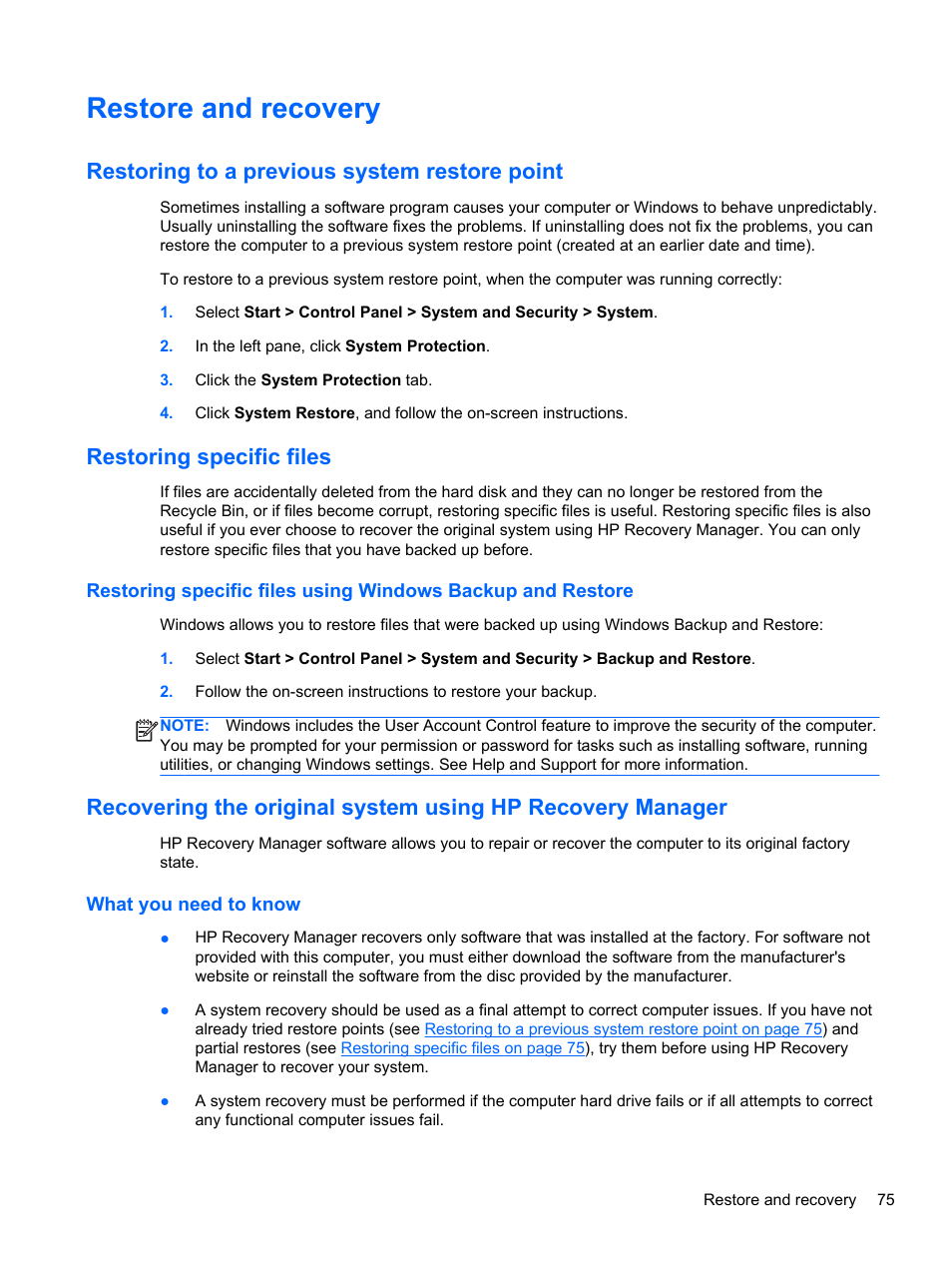 Restore and recovery, Restoring to a previous system restore point, Restoring specific files | What you need to know | HP Pavilion g4-2149se Notebook PC User Manual | Page 85 / 100