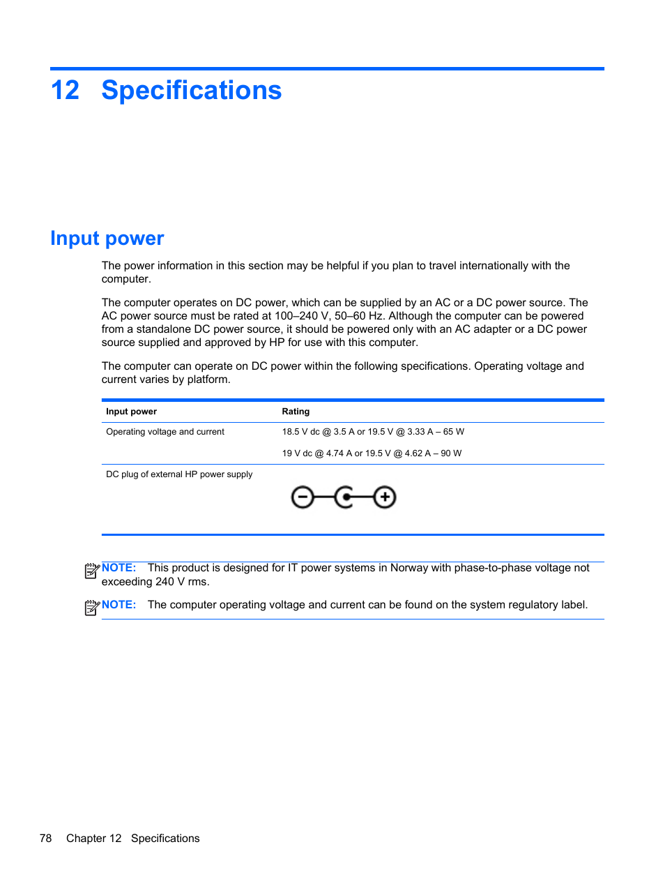 Specifications, Input power, 12 specifications | HP Pavilion g4-2149se Notebook PC User Manual | Page 88 / 100