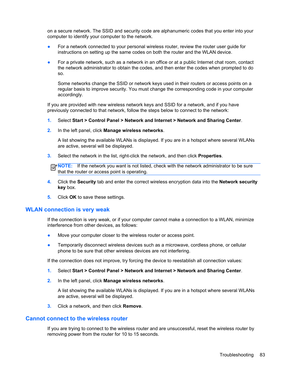 Wlan connection is very weak, Cannot connect to the wireless router | HP Pavilion g4-2149se Notebook PC User Manual | Page 93 / 100