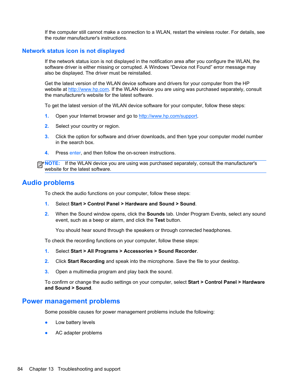 Network status icon is not displayed, Audio problems, Power management problems | Audio problems power management problems | HP Pavilion g4-2149se Notebook PC User Manual | Page 94 / 100