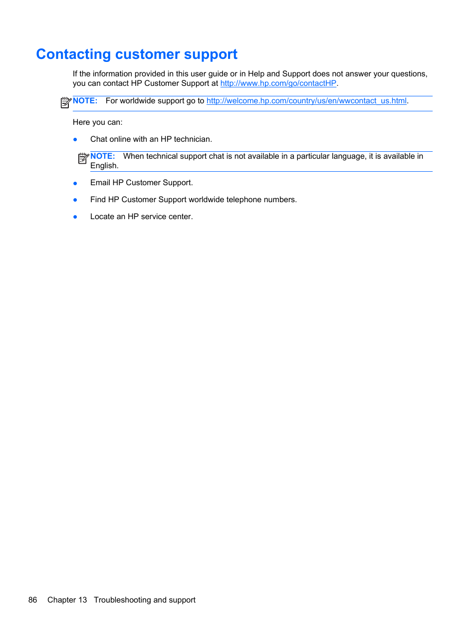 Contacting customer support | HP Pavilion g4-2149se Notebook PC User Manual | Page 96 / 100