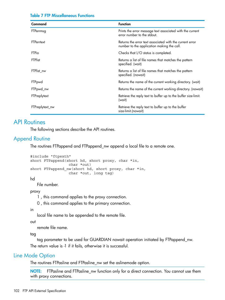 Api routines, Append routine, Line mode option | Append routine line mode option | HP Integrity NonStop H-Series User Manual | Page 102 / 200