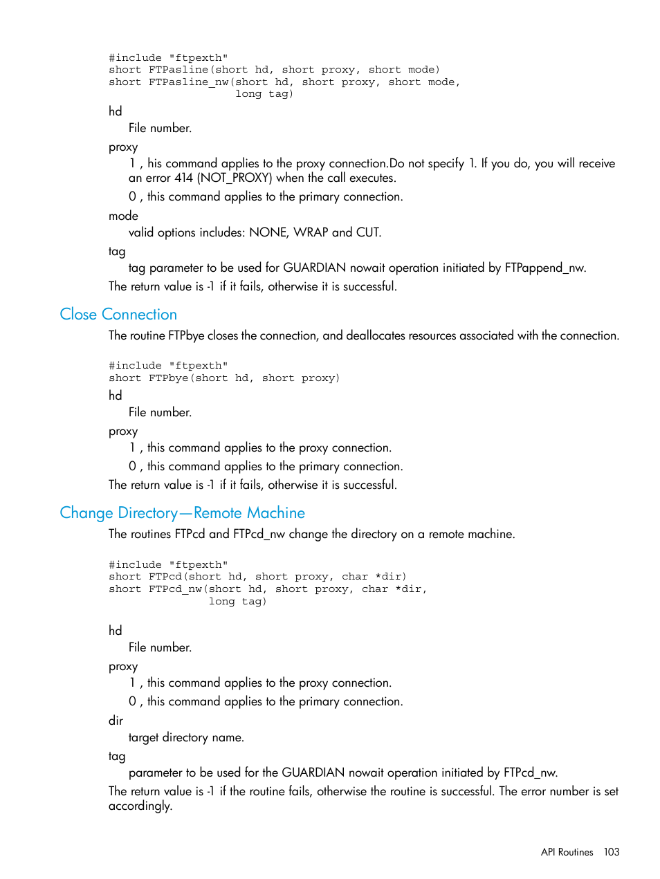 Close connection, Change directory—remote machine, Close connection change directory—remote machine | HP Integrity NonStop H-Series User Manual | Page 103 / 200