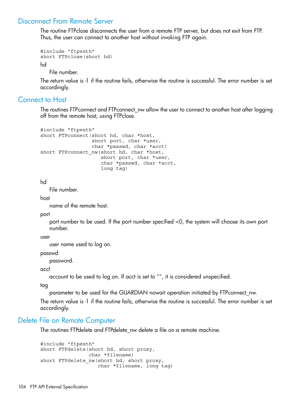 Disconnect from remote server, Connect to host, Delete file on remote computer | HP Integrity NonStop H-Series User Manual | Page 104 / 200
