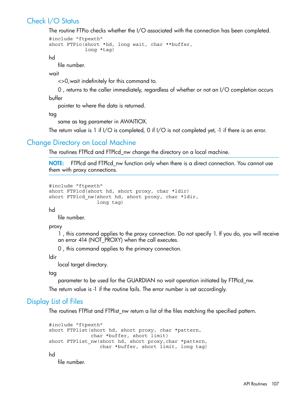 Check i/o status, Change directory on local machine, Display list of files | Check i/o status change directory on local machine | HP Integrity NonStop H-Series User Manual | Page 107 / 200
