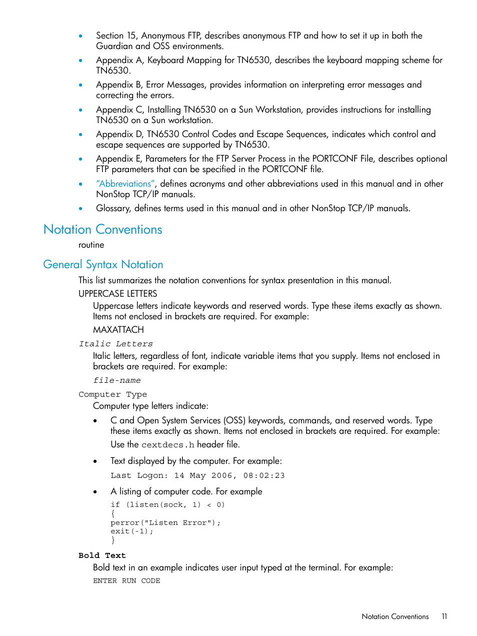 Notation conventions, General syntax notation | HP Integrity NonStop H-Series User Manual | Page 11 / 200