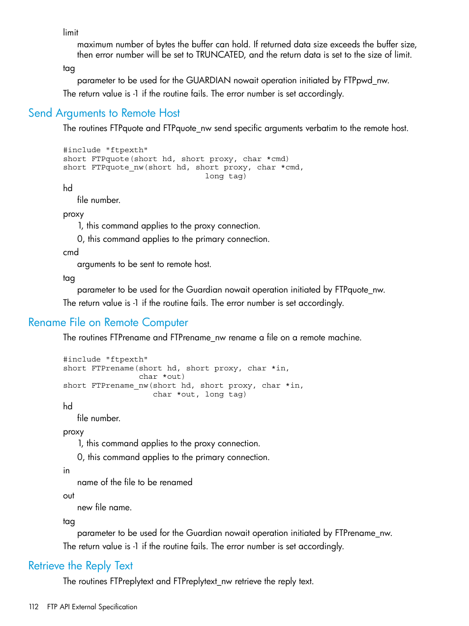 Send arguments to remote host, Rename file on remote computer, Retrieve the reply text | HP Integrity NonStop H-Series User Manual | Page 112 / 200