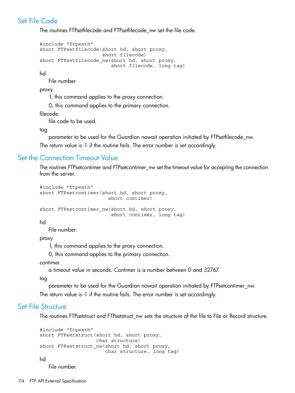 Set file code, Set the connection timeout value, Set file structure | HP Integrity NonStop H-Series User Manual | Page 114 / 200