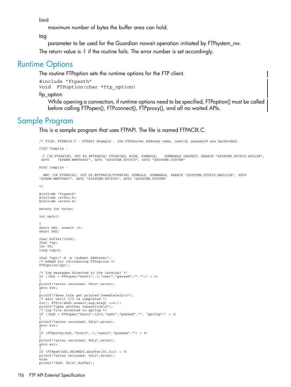 Runtime options, Sample program, Runtime options sample program | HP Integrity NonStop H-Series User Manual | Page 116 / 200