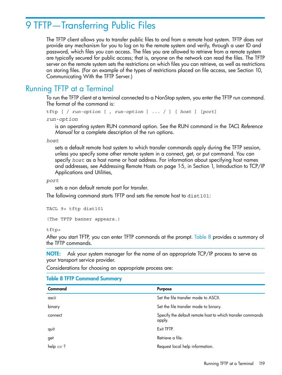 9 tftp—transferring public files, Running tftp at a terminal | HP Integrity NonStop H-Series User Manual | Page 119 / 200