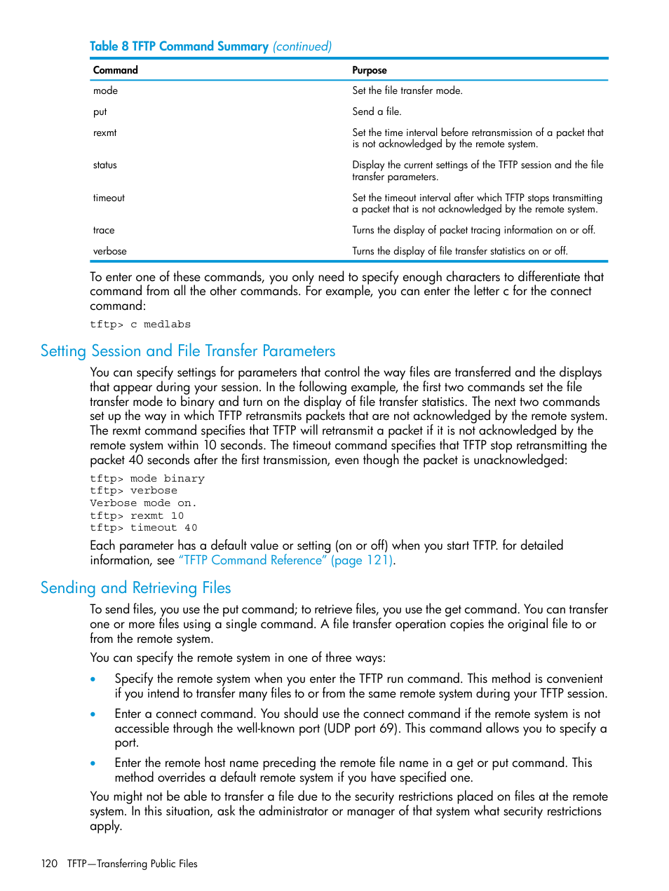 Setting session and file transfer parameters, Sending and retrieving files | HP Integrity NonStop H-Series User Manual | Page 120 / 200