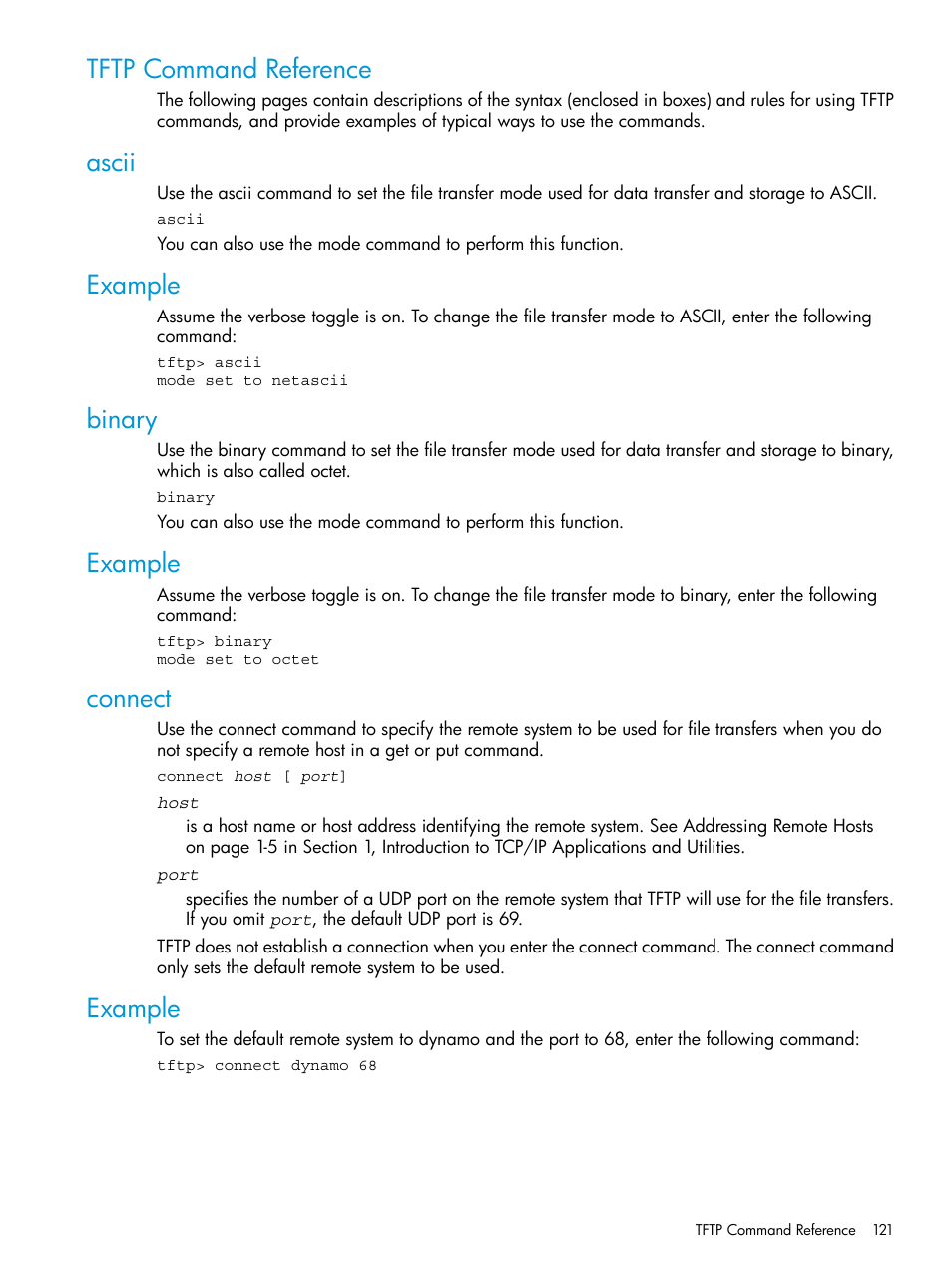 Tftp command reference, Ascii, Example | Binary, Connect | HP Integrity NonStop H-Series User Manual | Page 121 / 200