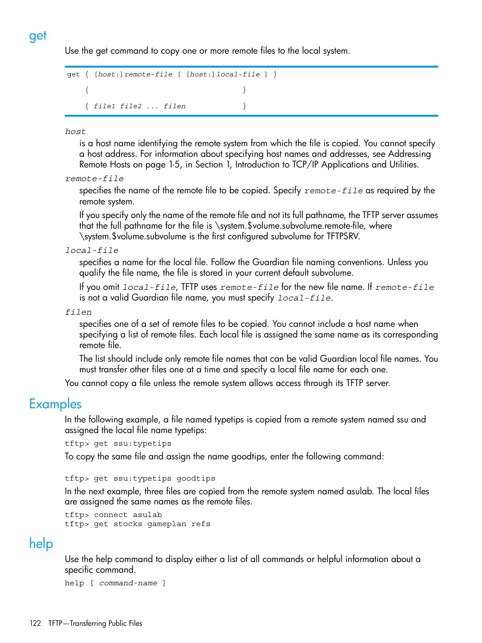 Examples, Help, Get examples help | HP Integrity NonStop H-Series User Manual | Page 122 / 200