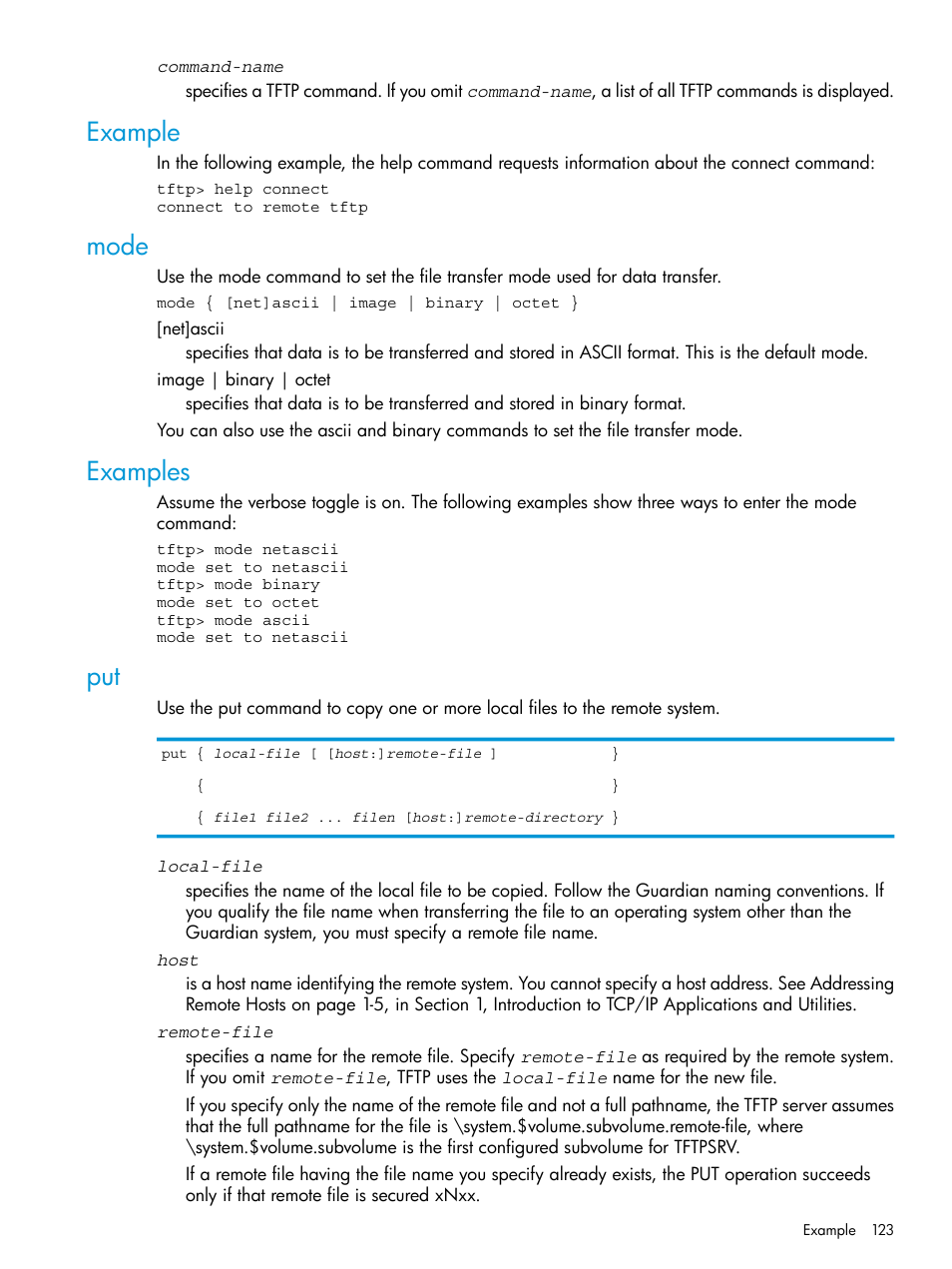 Example, Mode, Examples | Example mode examples put | HP Integrity NonStop H-Series User Manual | Page 123 / 200