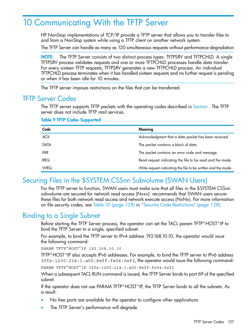 10 communicating with the tftp server, Tftp server codes, Binding to a single subnet | HP Integrity NonStop H-Series User Manual | Page 127 / 200
