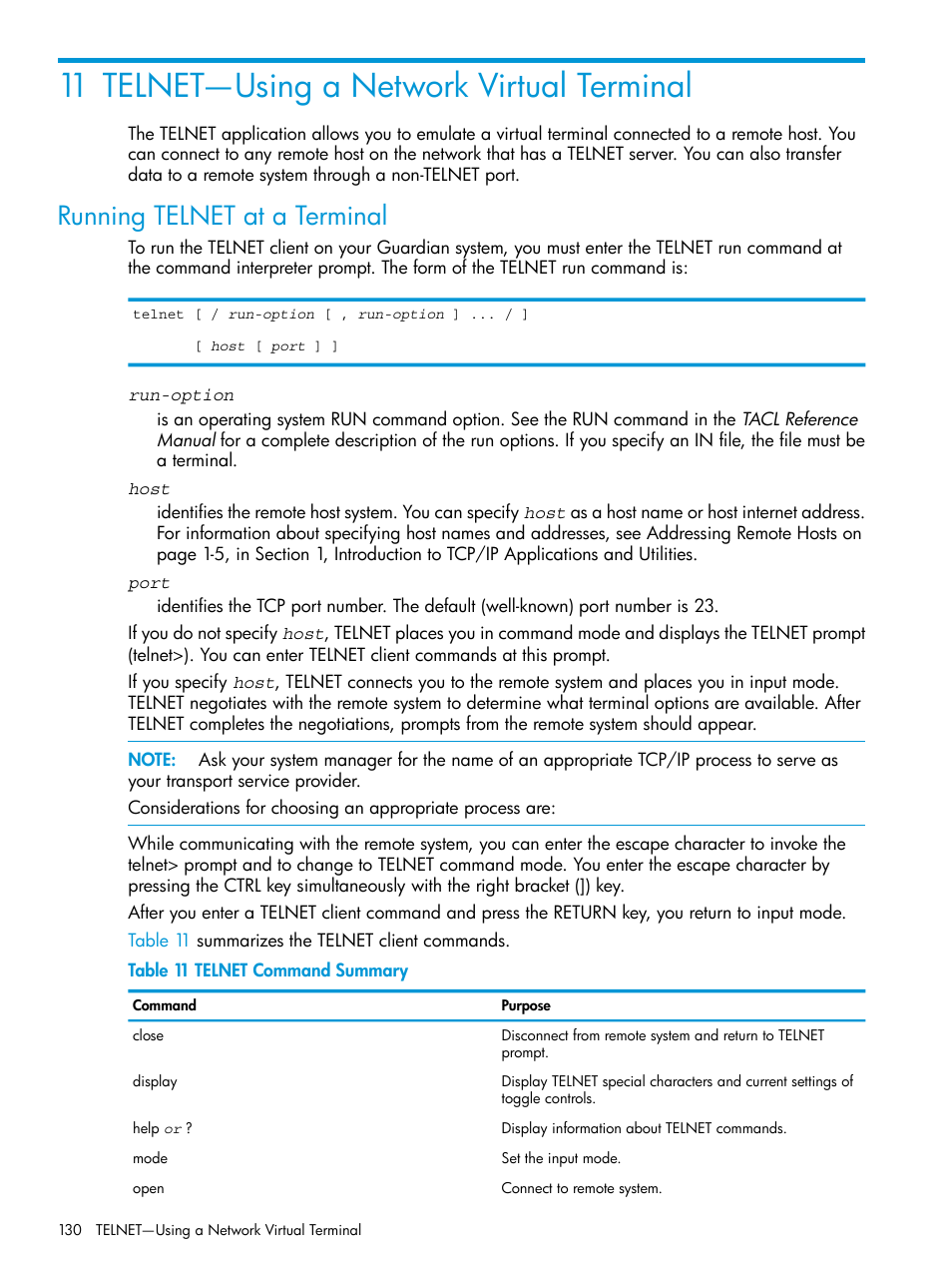 11 telnet—using a network virtual terminal, Running telnet at a terminal | HP Integrity NonStop H-Series User Manual | Page 130 / 200