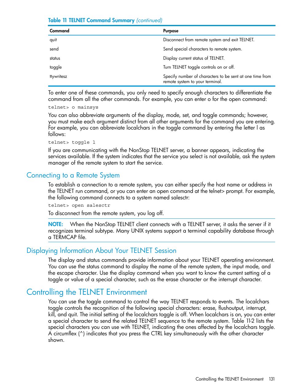 Connecting to a remote system, Displaying information about your telnet session, Controlling the telnet environment | HP Integrity NonStop H-Series User Manual | Page 131 / 200