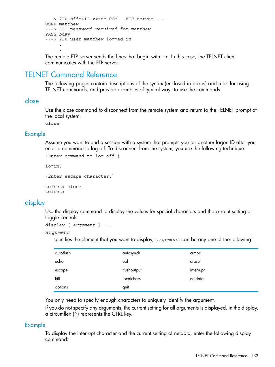 Telnet command reference, Close, Example | Display, Close display | HP Integrity NonStop H-Series User Manual | Page 133 / 200