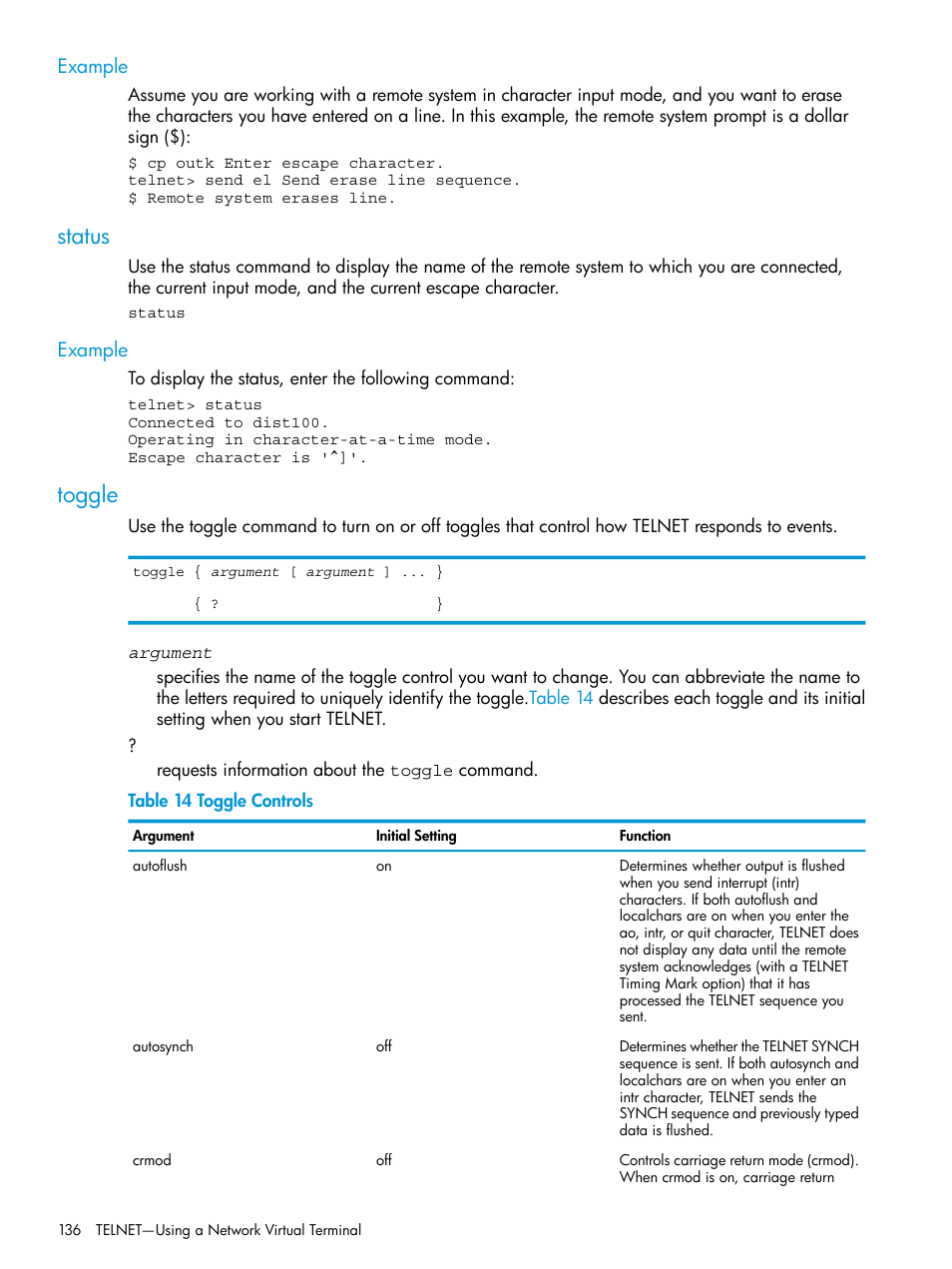 Example, Status, Toggle | Status toggle | HP Integrity NonStop H-Series User Manual | Page 136 / 200