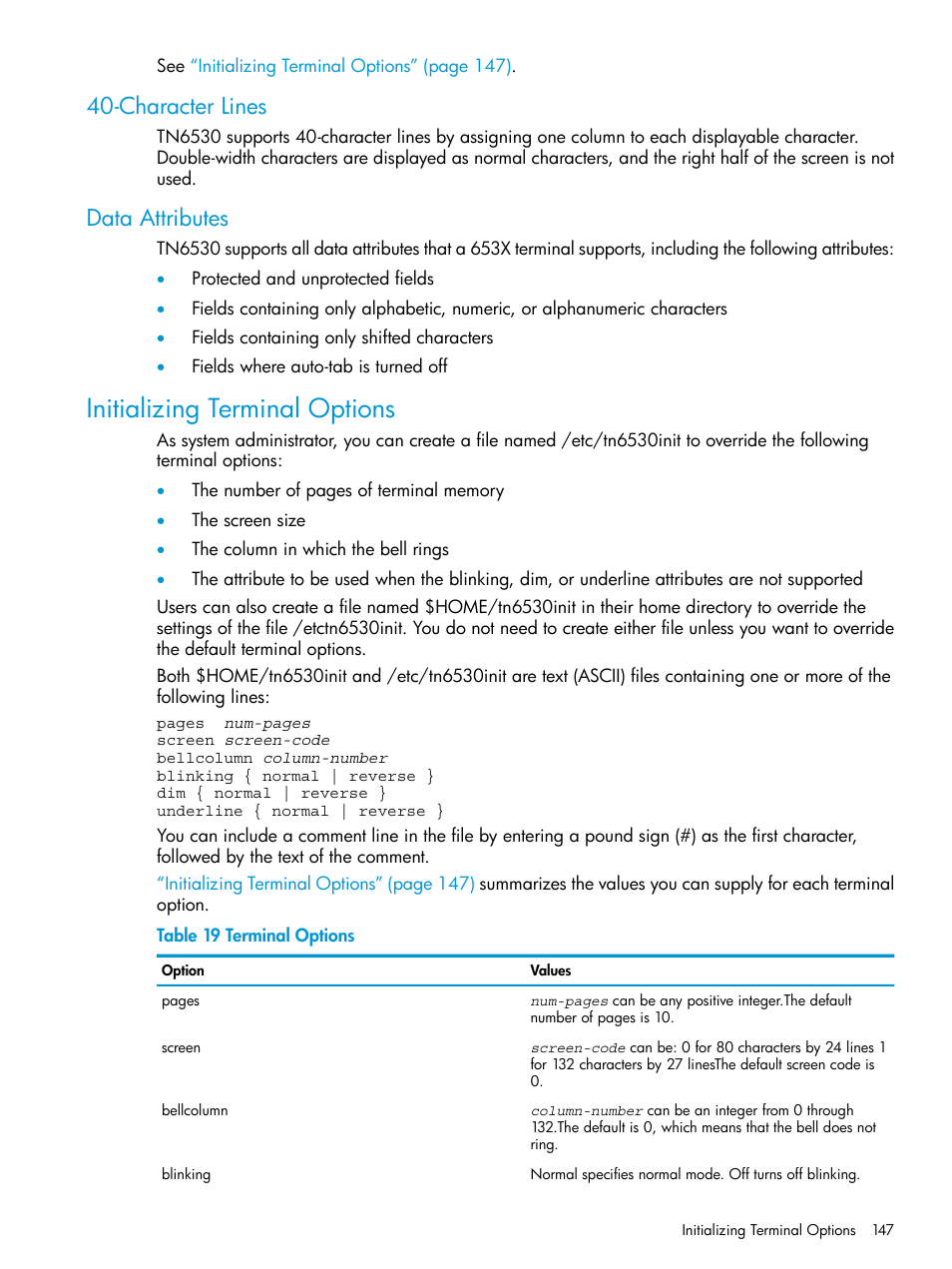 Character lines, Data attributes, Initializing terminal options | Character lines data attributes | HP Integrity NonStop H-Series User Manual | Page 147 / 200