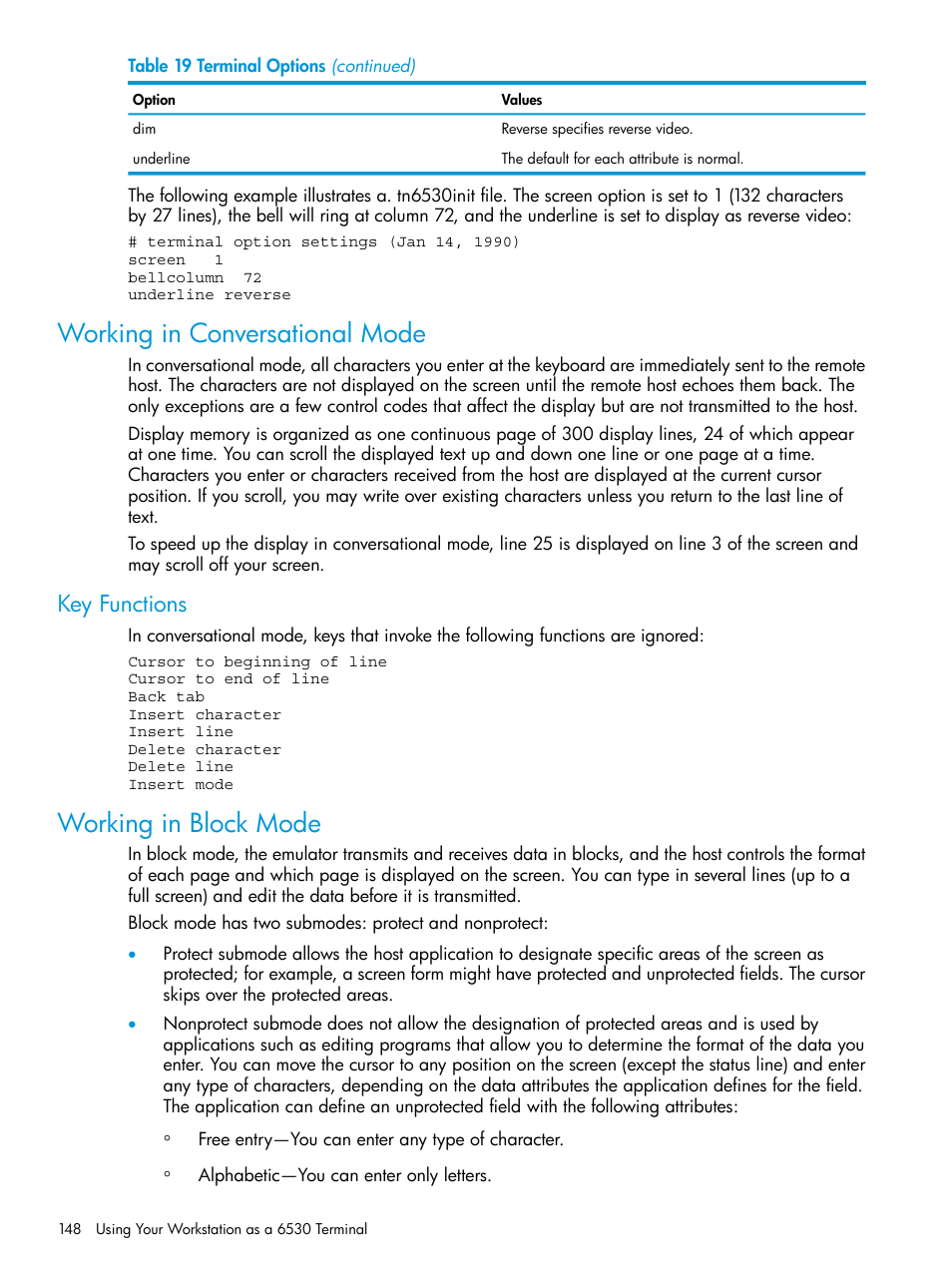 Working in conversational mode, Key functions, Working in block mode | Working in conversational, Mode | HP Integrity NonStop H-Series User Manual | Page 148 / 200