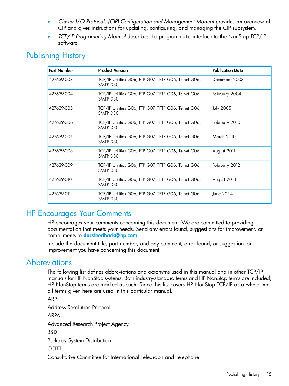 Publishing history, Hp encourages your comments, Abbreviations | HP Integrity NonStop H-Series User Manual | Page 15 / 200