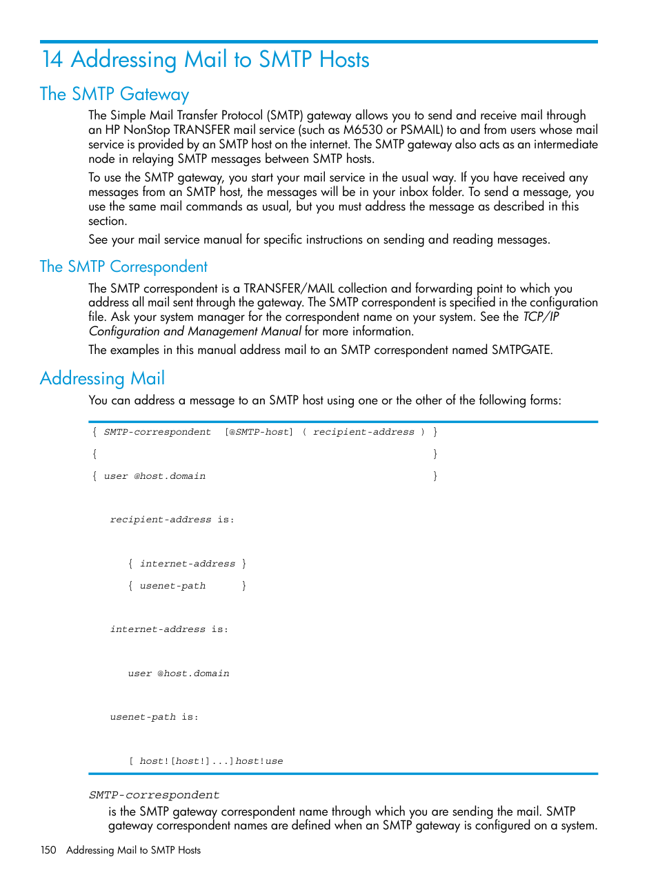 14 addressing mail to smtp hosts, The smtp gateway, The smtp correspondent | Addressing mail, Chapter 14 | HP Integrity NonStop H-Series User Manual | Page 150 / 200