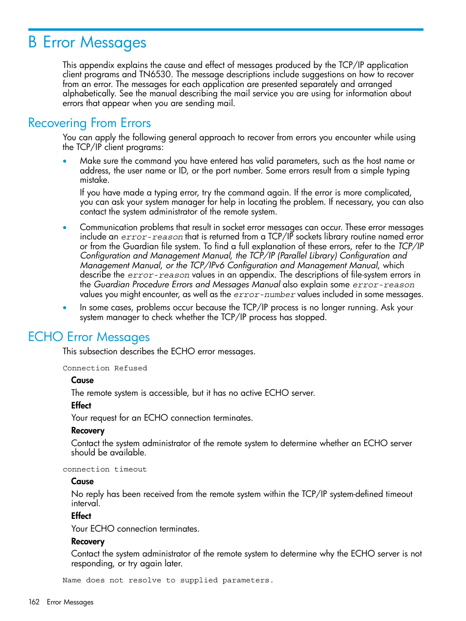 B error messages, Recovering from errors, Echo error messages | Recovering from errors echo error messages | HP Integrity NonStop H-Series User Manual | Page 162 / 200