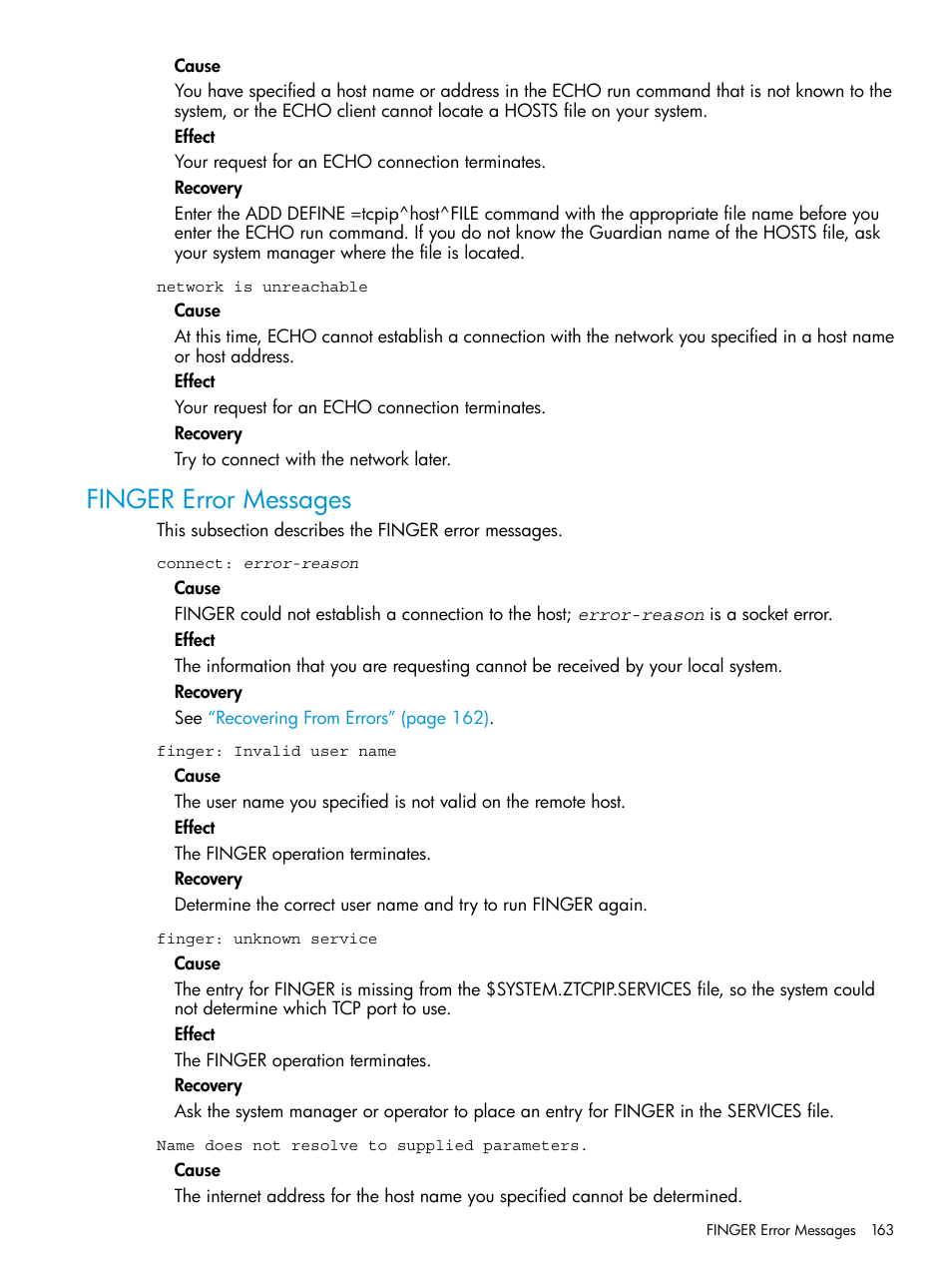 Finger error messages | HP Integrity NonStop H-Series User Manual | Page 163 / 200