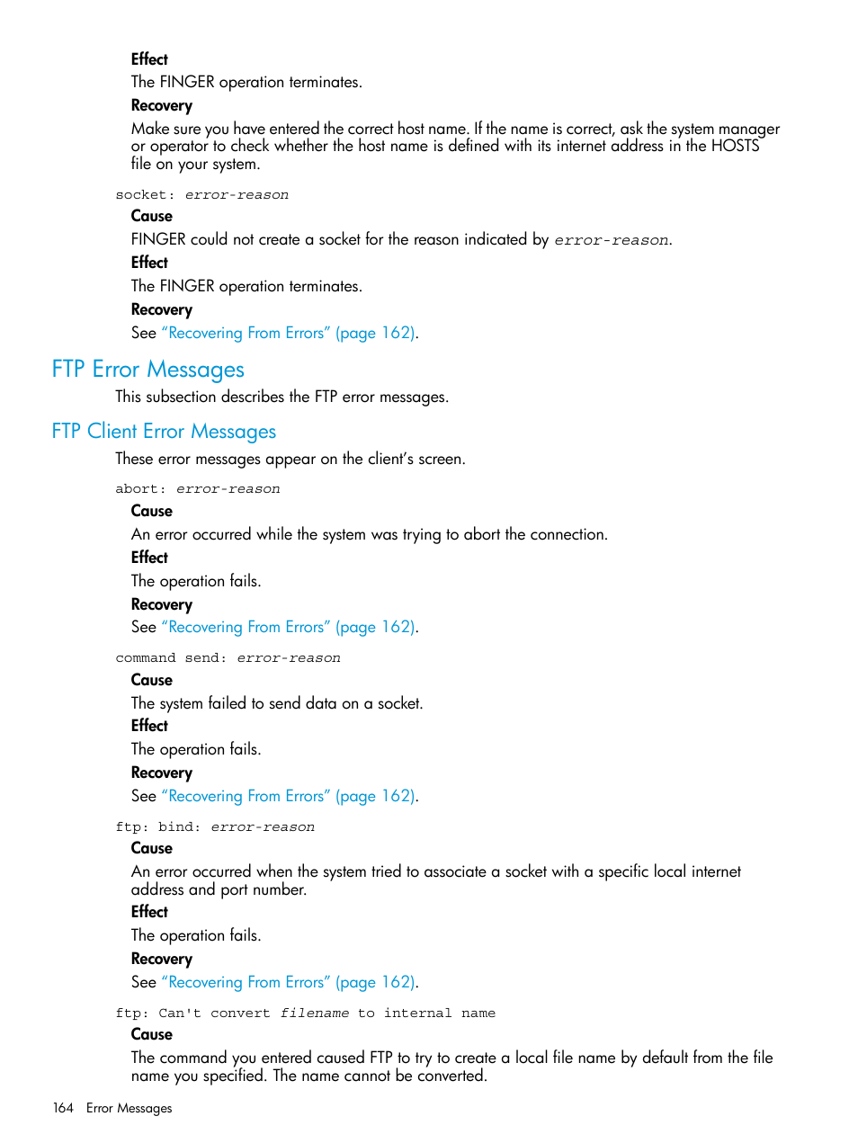 Ftp error messages, Ftp client error messages | HP Integrity NonStop H-Series User Manual | Page 164 / 200