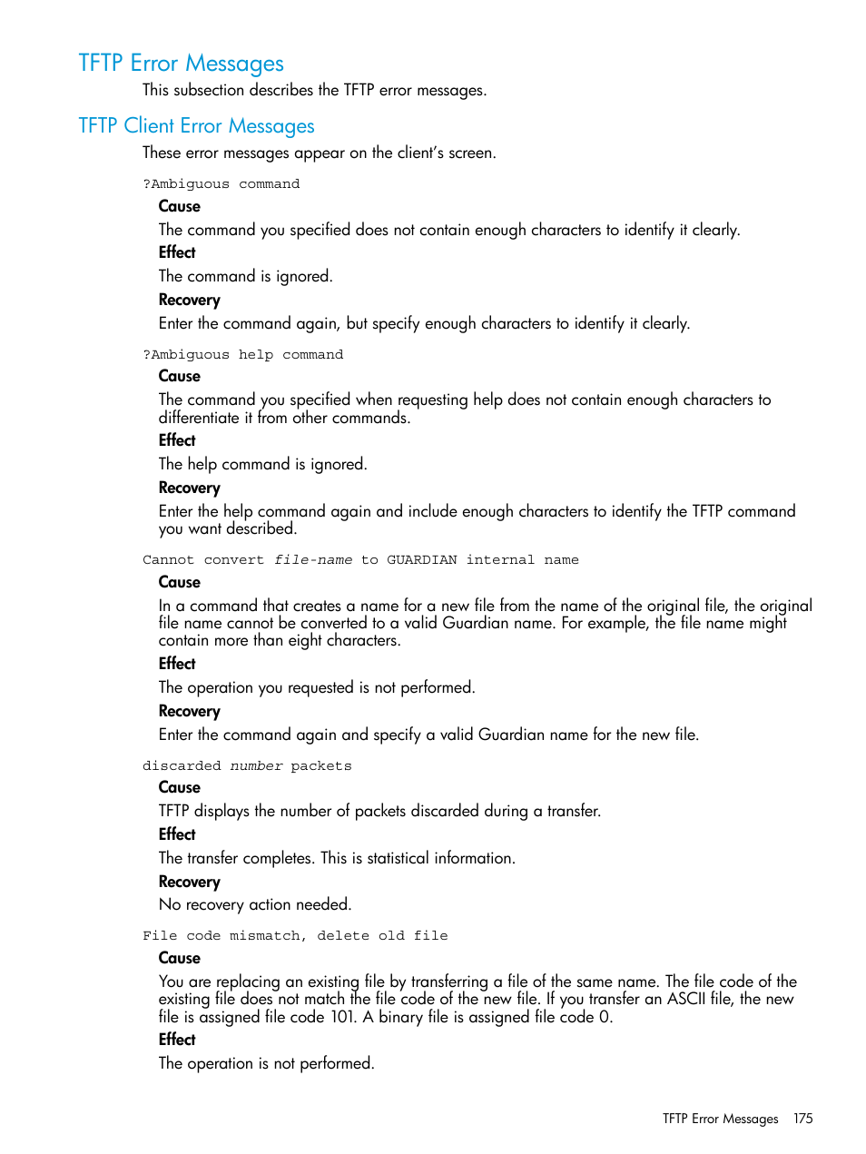 Tftp error messages, Tftp client error messages | HP Integrity NonStop H-Series User Manual | Page 175 / 200