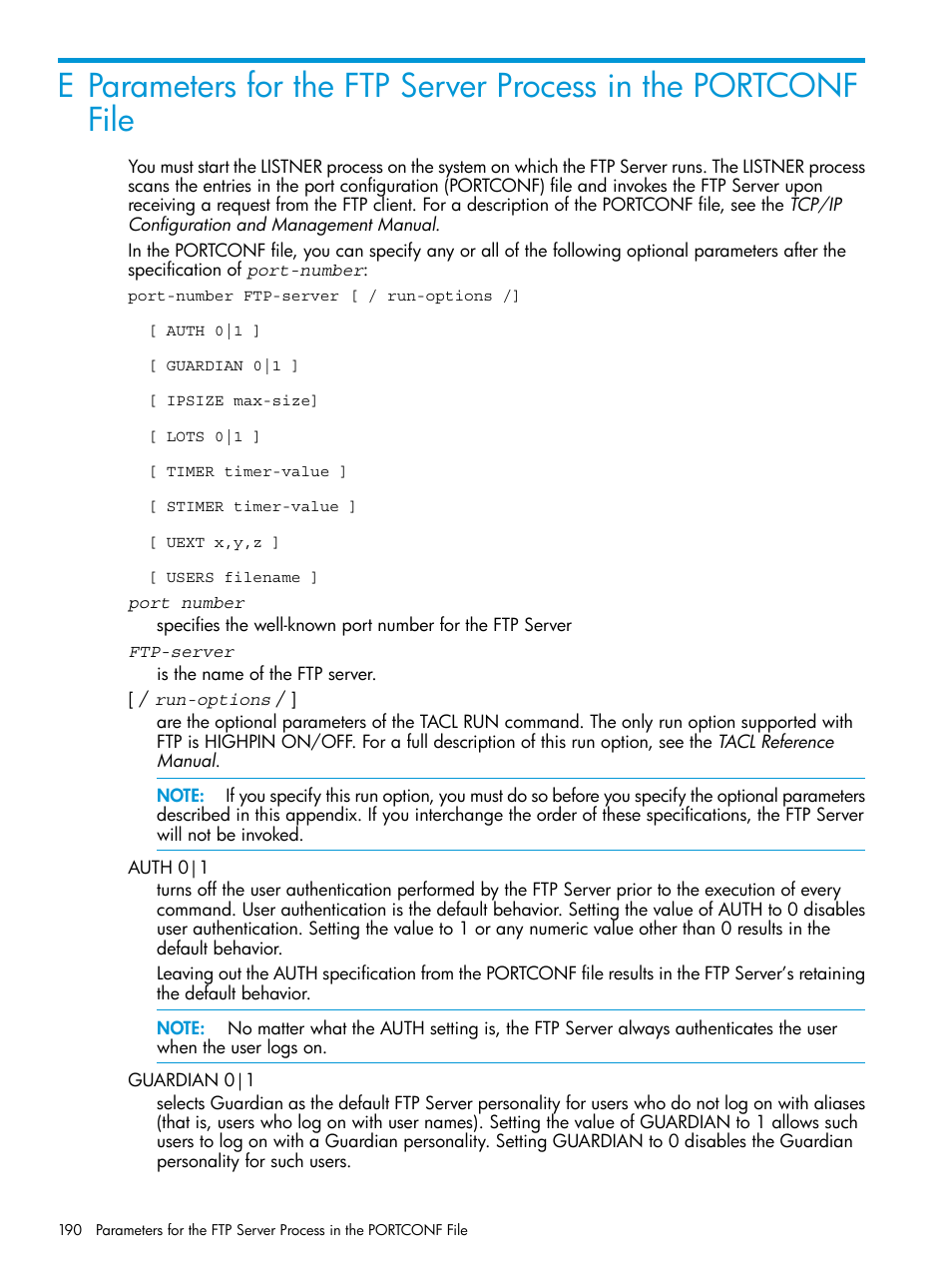 Parameters for the ftp server process | HP Integrity NonStop H-Series User Manual | Page 190 / 200