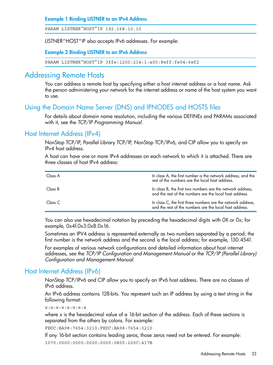 Addressing remote hosts, Host internet address (ipv4), Host internet address (ipv6) | HP Integrity NonStop H-Series User Manual | Page 23 / 200