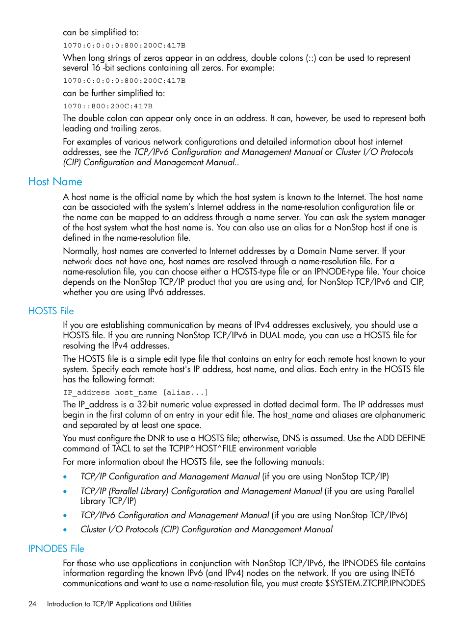 Host name, Hosts file, Ipnodes file | HP Integrity NonStop H-Series User Manual | Page 24 / 200