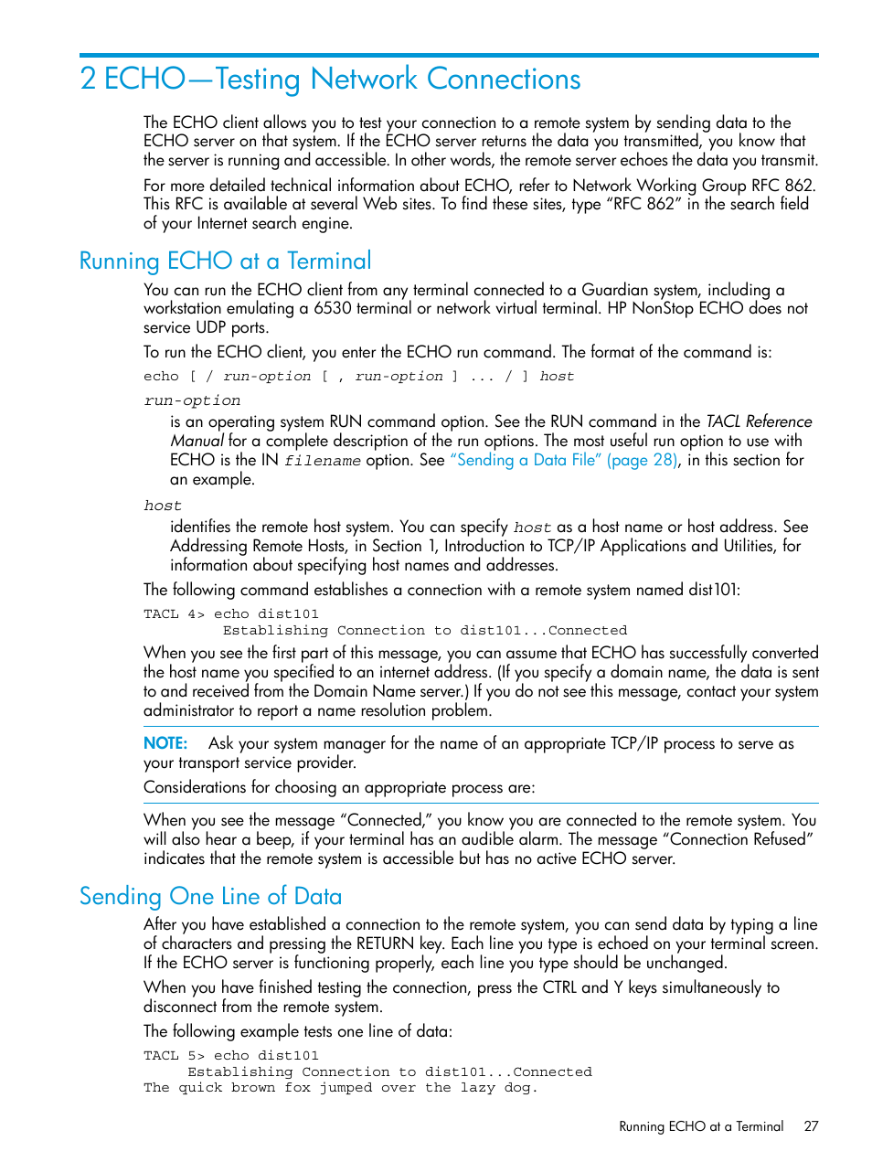 2 echo—testing network connections, Running echo at a terminal, Sending one line of data | HP Integrity NonStop H-Series User Manual | Page 27 / 200