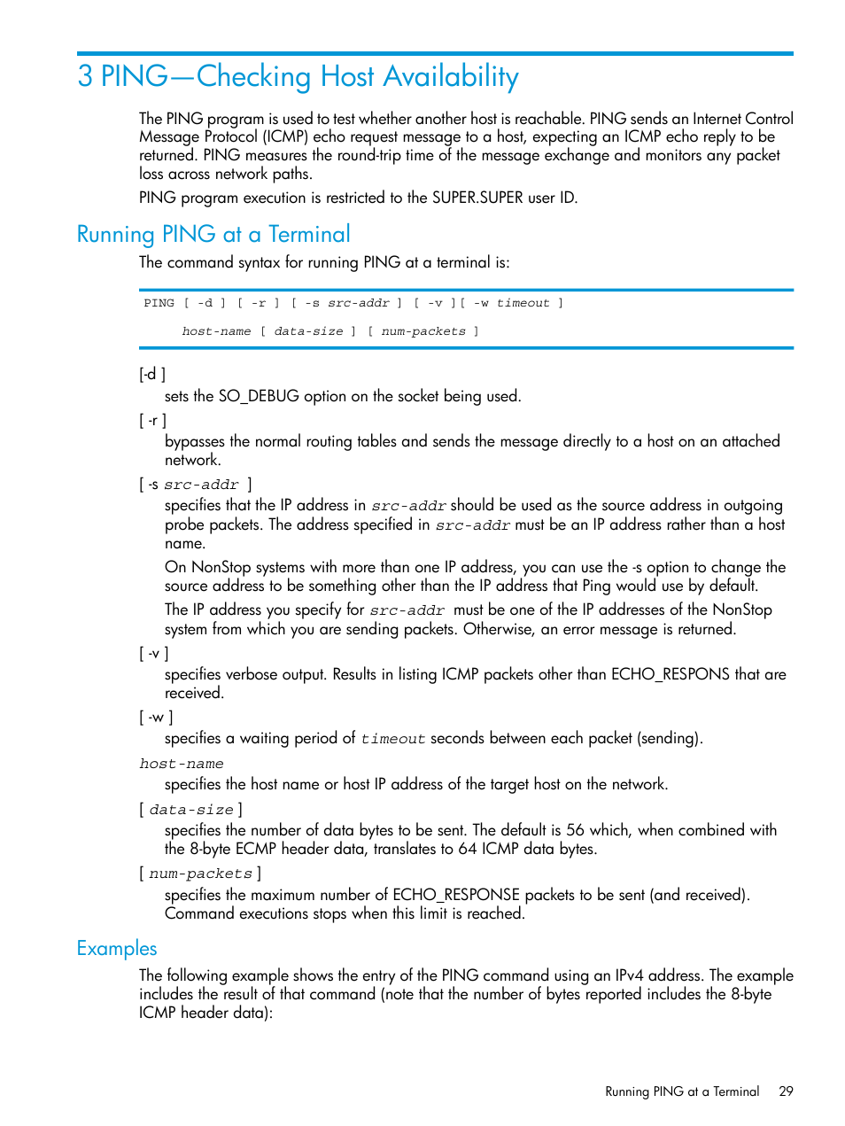 3 ping—checking host availability, Running ping at a terminal, Examples | HP Integrity NonStop H-Series User Manual | Page 29 / 200