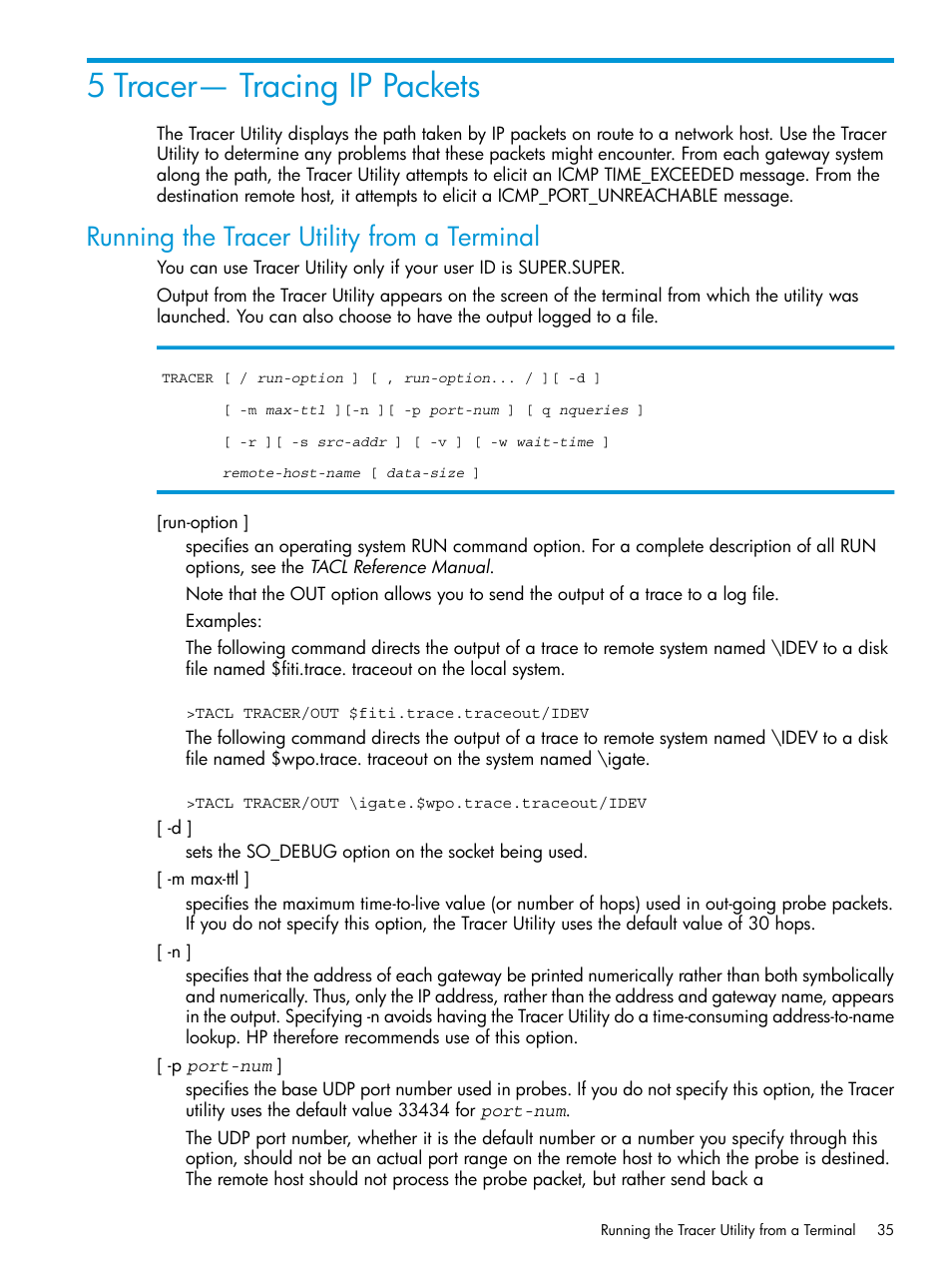 5 tracer— tracing ip packets, Running the tracer utility from a terminal | HP Integrity NonStop H-Series User Manual | Page 35 / 200