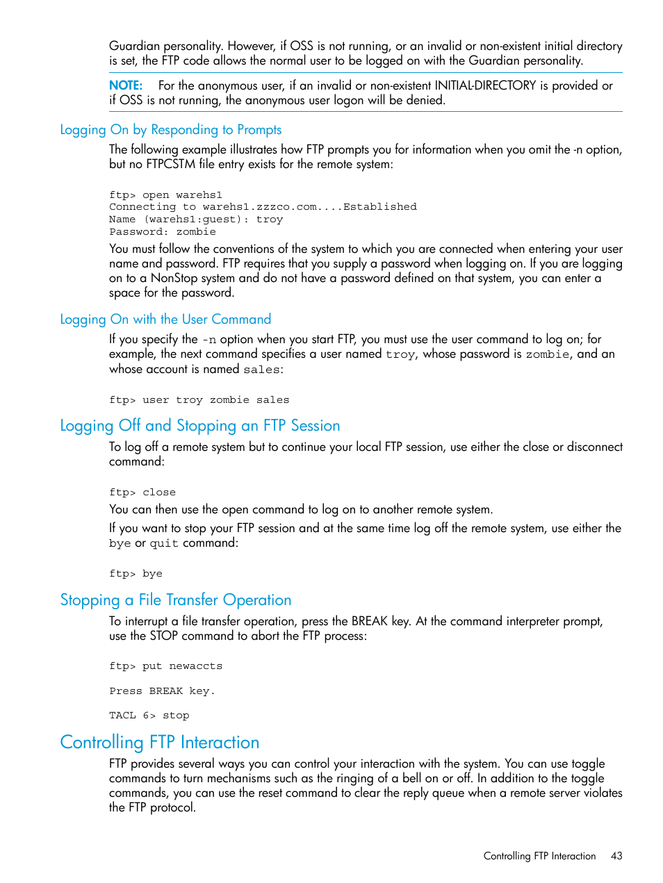 Logging on by responding to prompts, Logging on with the user command, Logging off and stopping an ftp session | Stopping a file transfer operation, Controlling ftp interaction | HP Integrity NonStop H-Series User Manual | Page 43 / 200