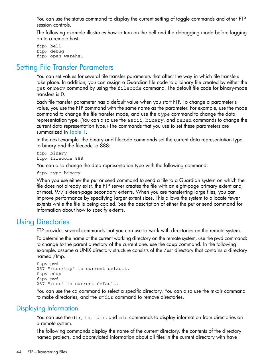 Setting file transfer parameters, Using directories, Displaying information | Setting file transfer parameters using directories | HP Integrity NonStop H-Series User Manual | Page 44 / 200
