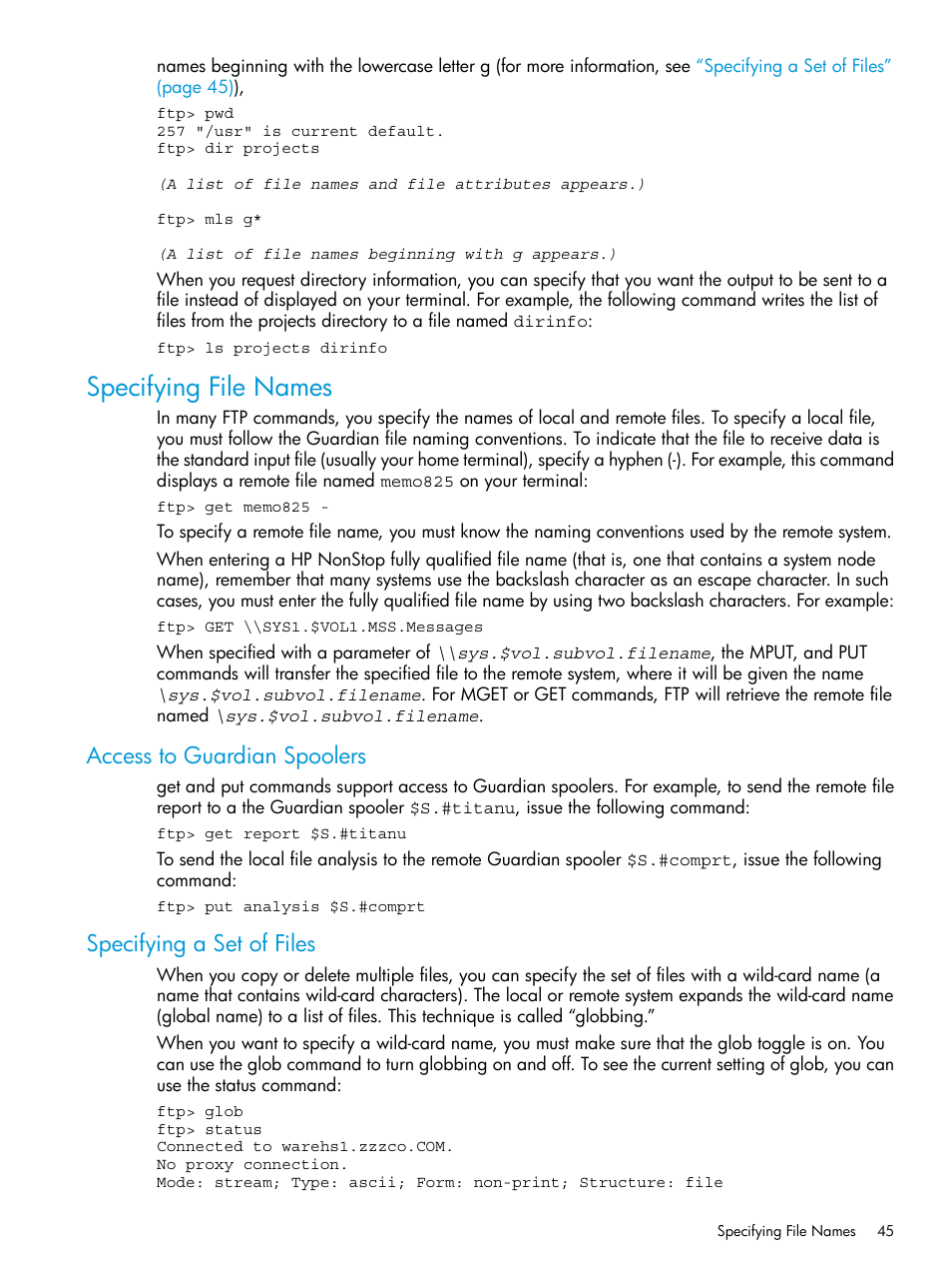 Specifying file names, Access to guardian spoolers, Specifying a set of files | HP Integrity NonStop H-Series User Manual | Page 45 / 200