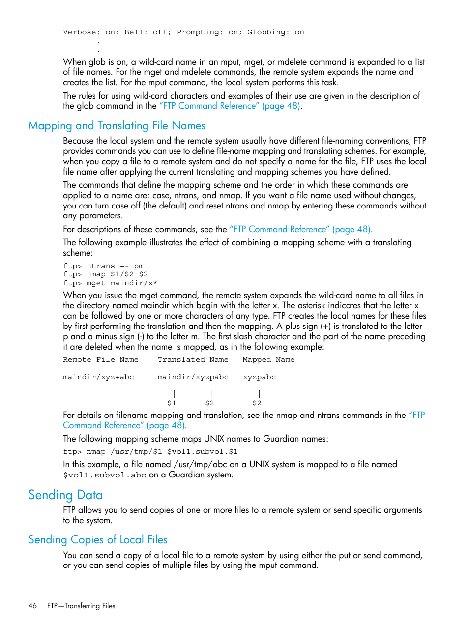 Mapping and translating file names, Sending data, Sending copies of local files | HP Integrity NonStop H-Series User Manual | Page 46 / 200